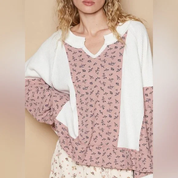 POL Waffle Knit Floral Notched Long Sleeve top - Picture 3 of 7